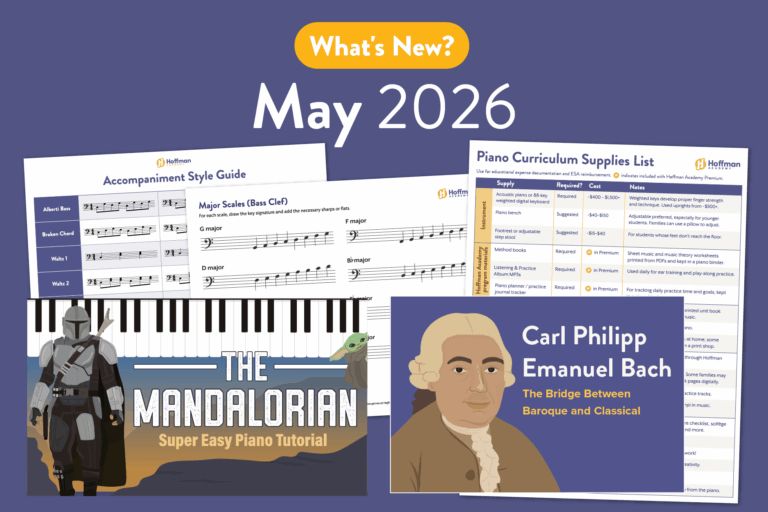 What's New? May 2026 featuring images of The Mandalorian piano tutorial, CPE Bach Blog, and more