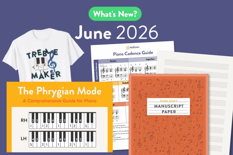 What's New? June 2026 | Treble Maker t-shirt, Piano Cadence download, Manuscript Paper, The Phyrgian Mode blog article