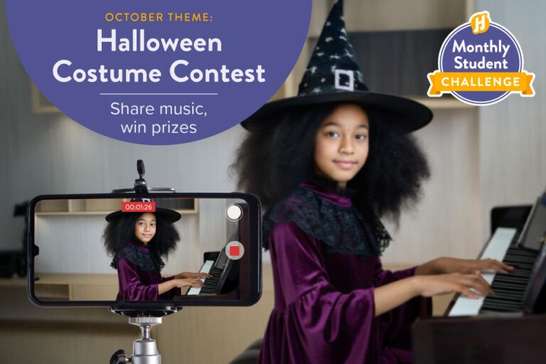 Monthly Student Challenge - October Theme: Halloween Costume Contest Share music, win prizes. Features image of young girl dressed as a witch playing piano and looking at the camera.