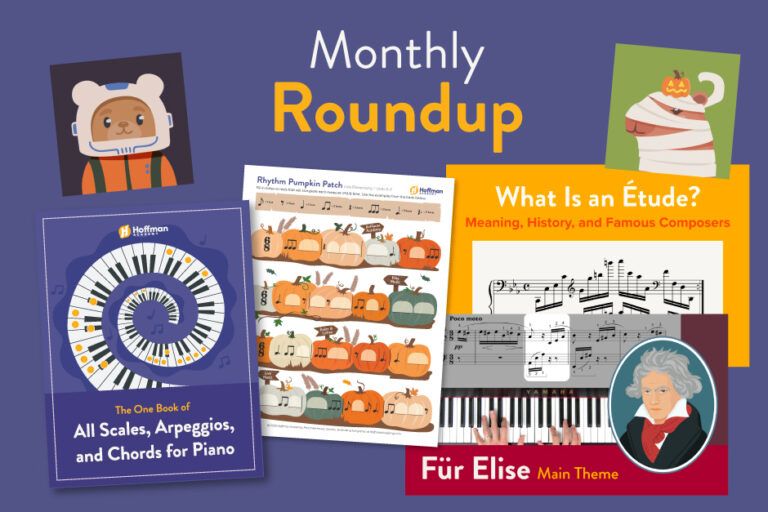 Monthly Roundup featuring Fur Elise performance; The One Book of All Scales, Arpeggios, and Chords; and fall-themed resources