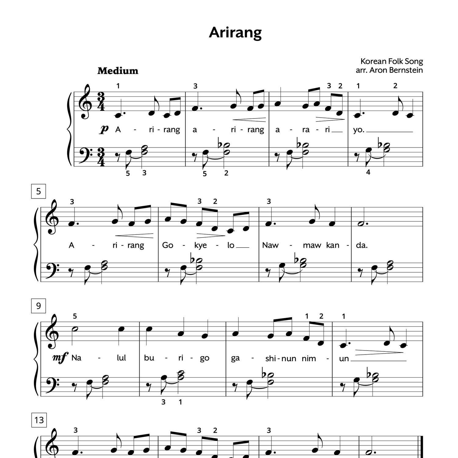 Arirang Piano Sheet Music | Easy Korean Folk Melody