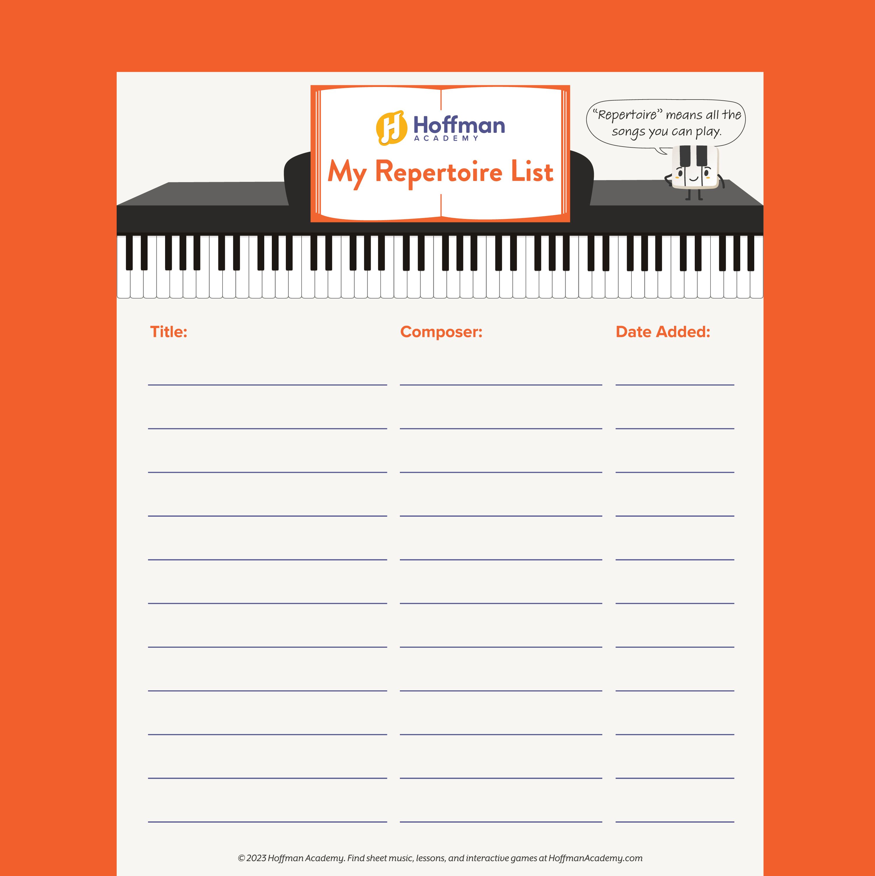 Piano Repertoire Tracker List | Free PDF Page Download