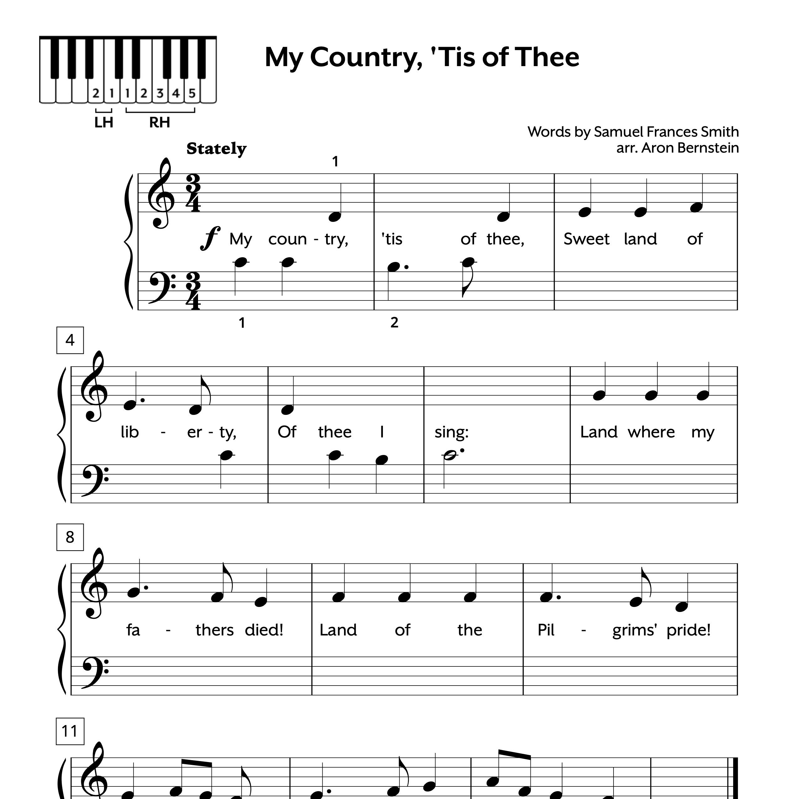 Easy Piano Sheet Music | My Country, 'Tis of Thee | Free Download