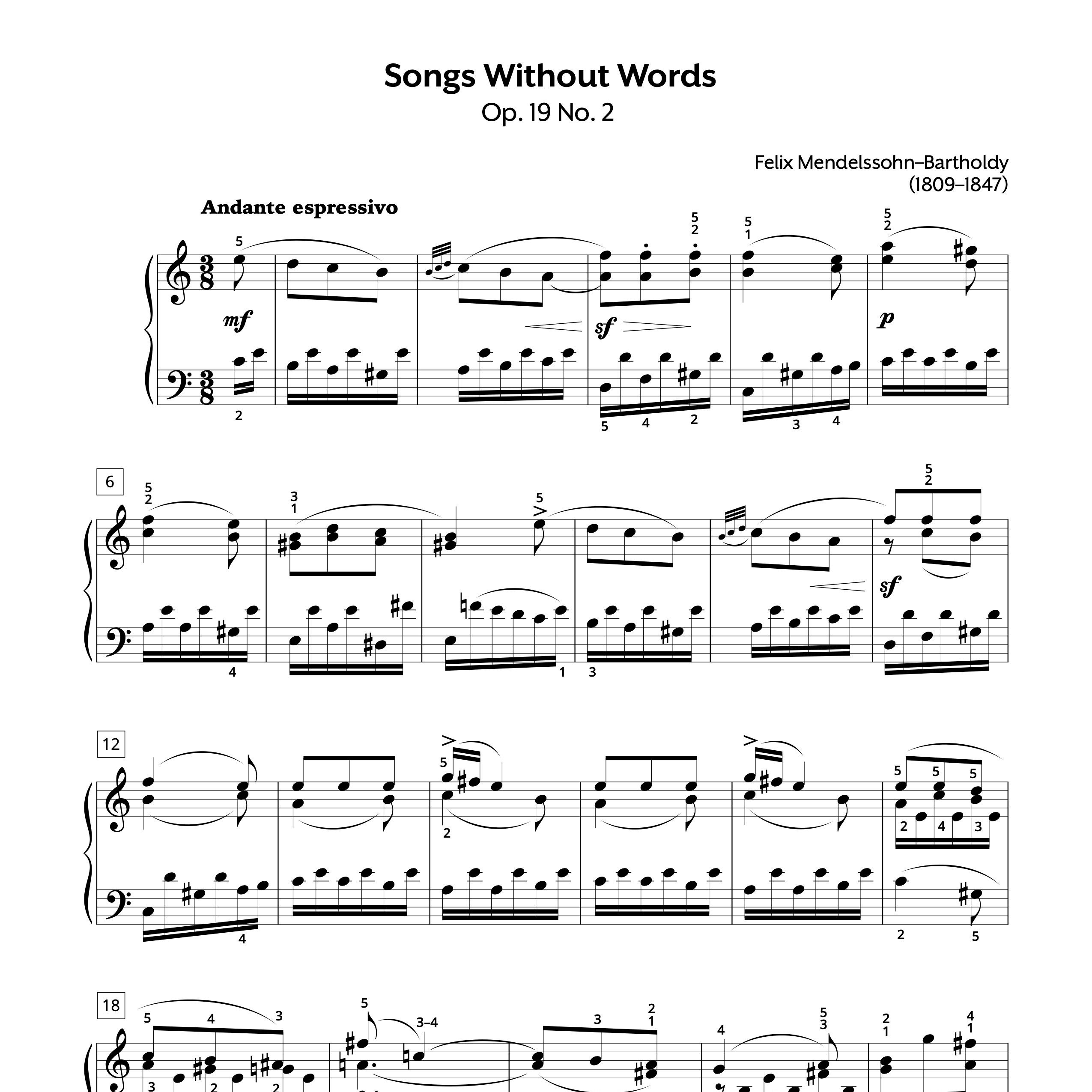 Piano Sheet Music Felix Mendelssohn Song Without Words Op. 19 No. 2