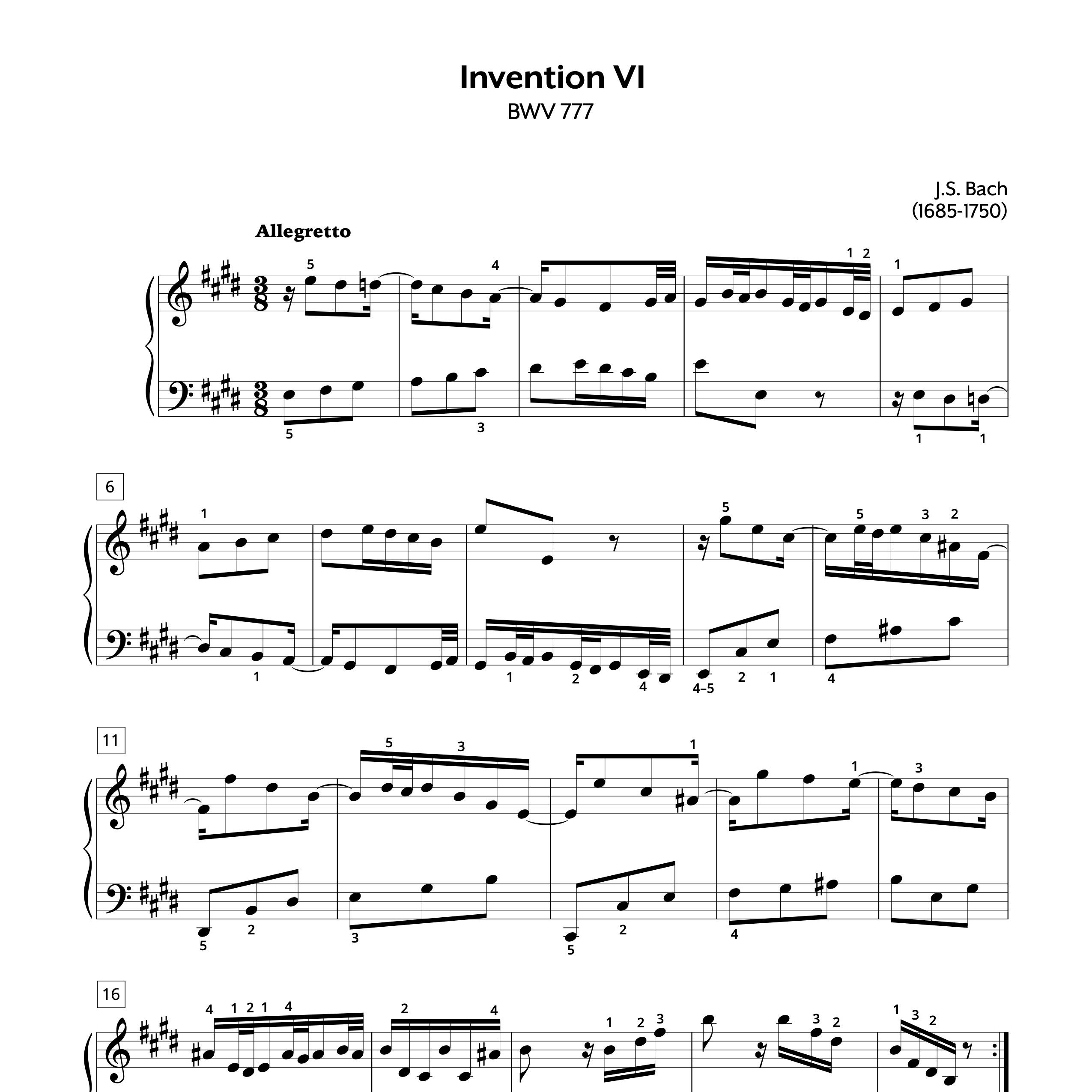 Piano Sheet Music | JS Bach | Two-Part Invention No. 6