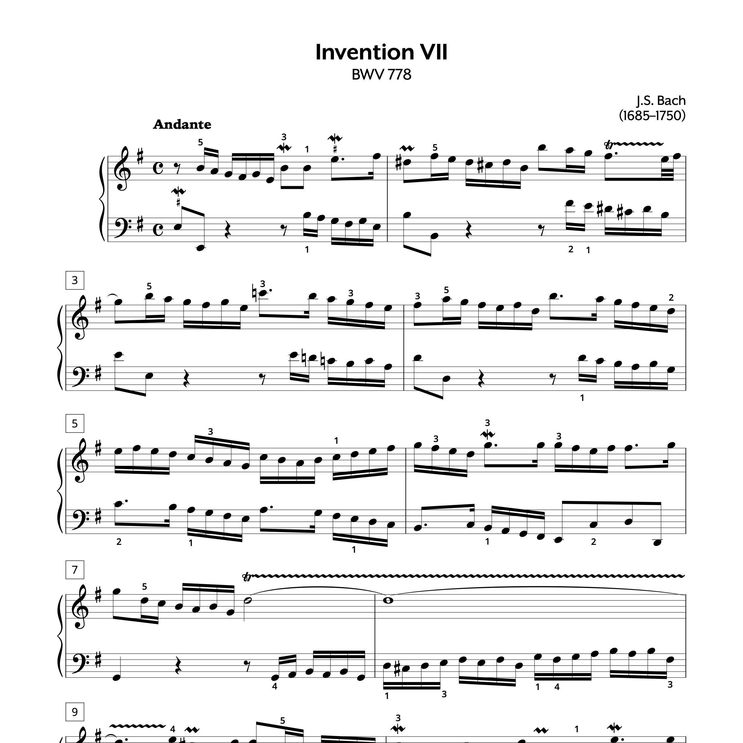 Piano Sheet Music | JS Bach | Two-Part Invention No. 7