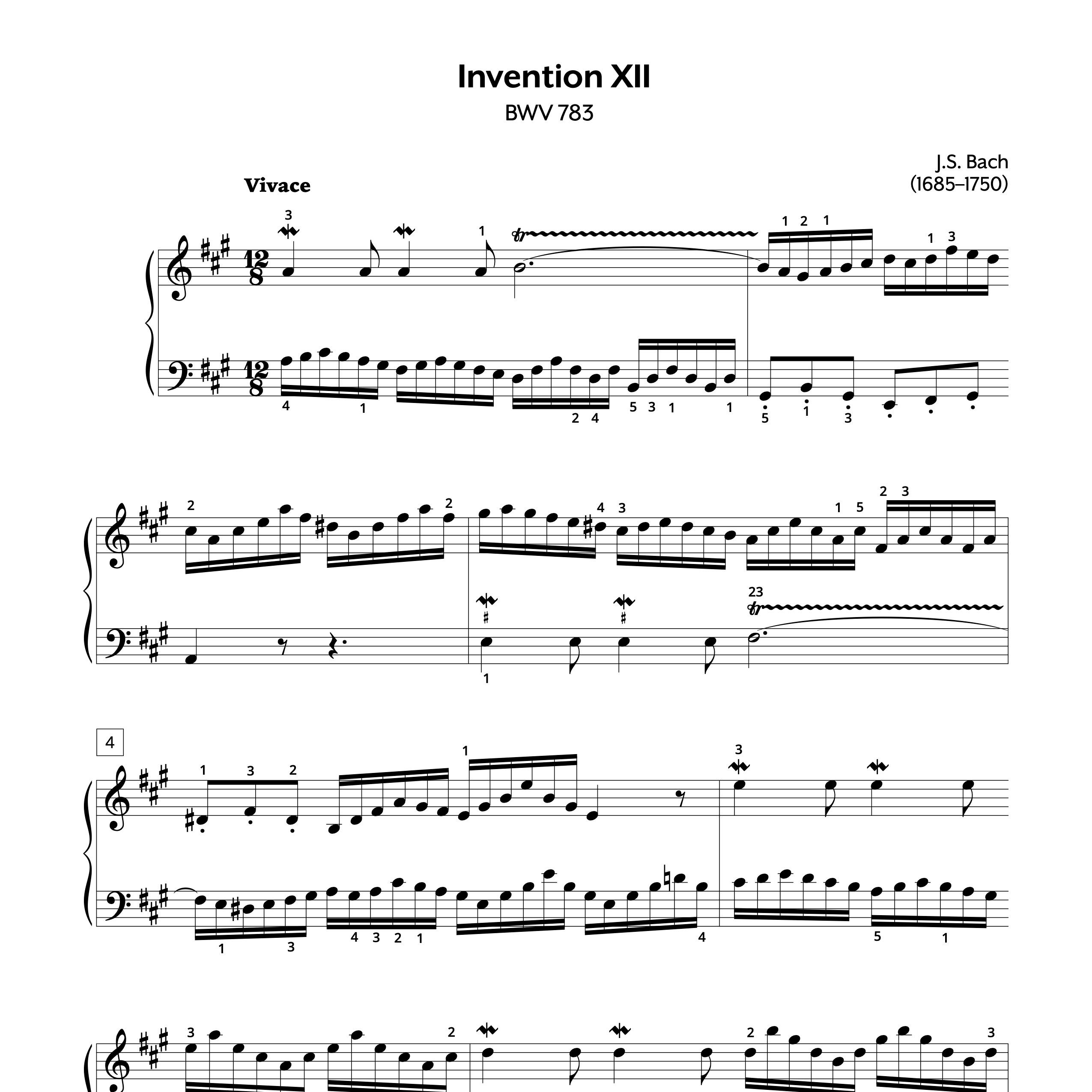 Piano Sheet Music | JS Bach | Two-Part Invention No. 12