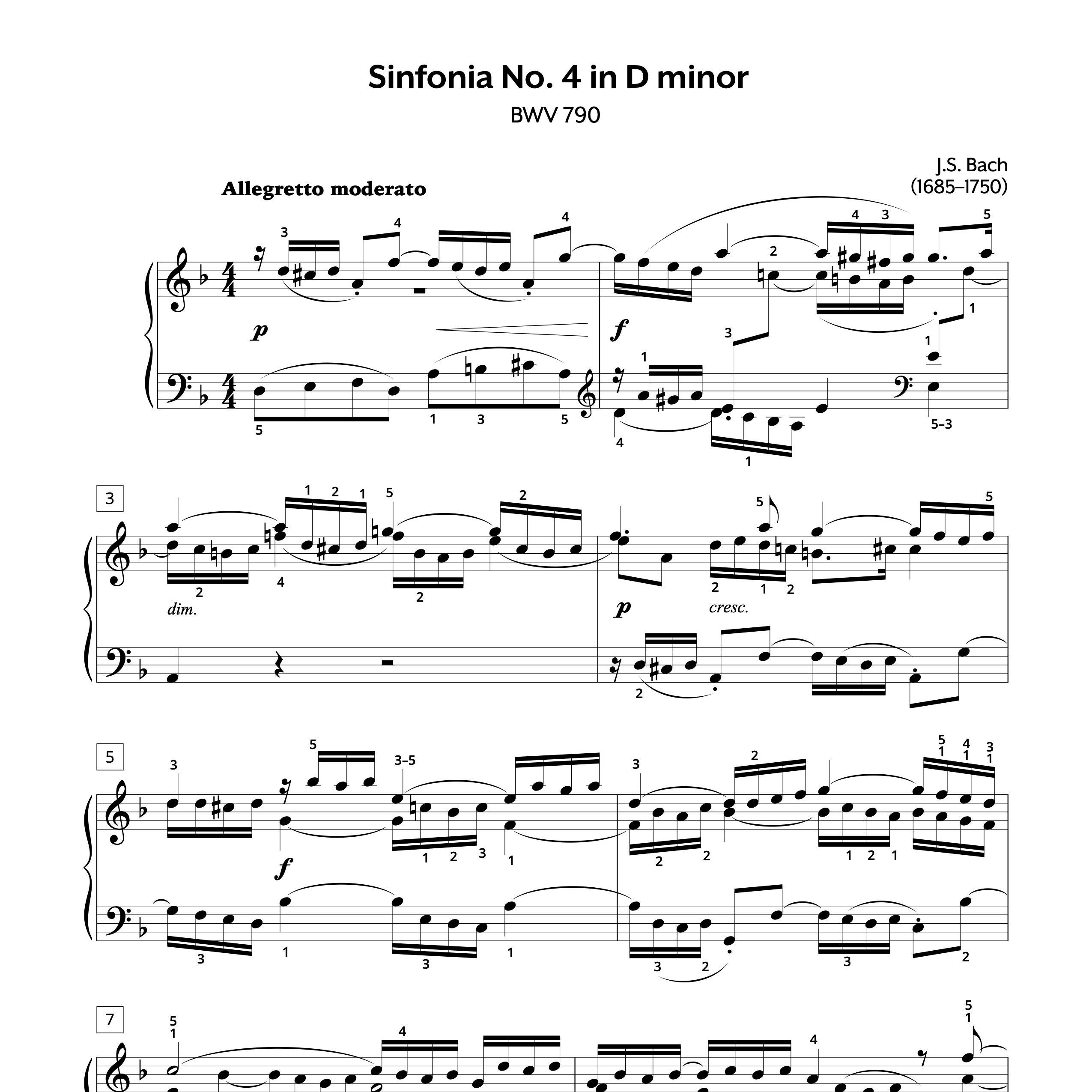 Piano Sheet Music J.S. Bach Three-Part Invention No. 4 in D minor