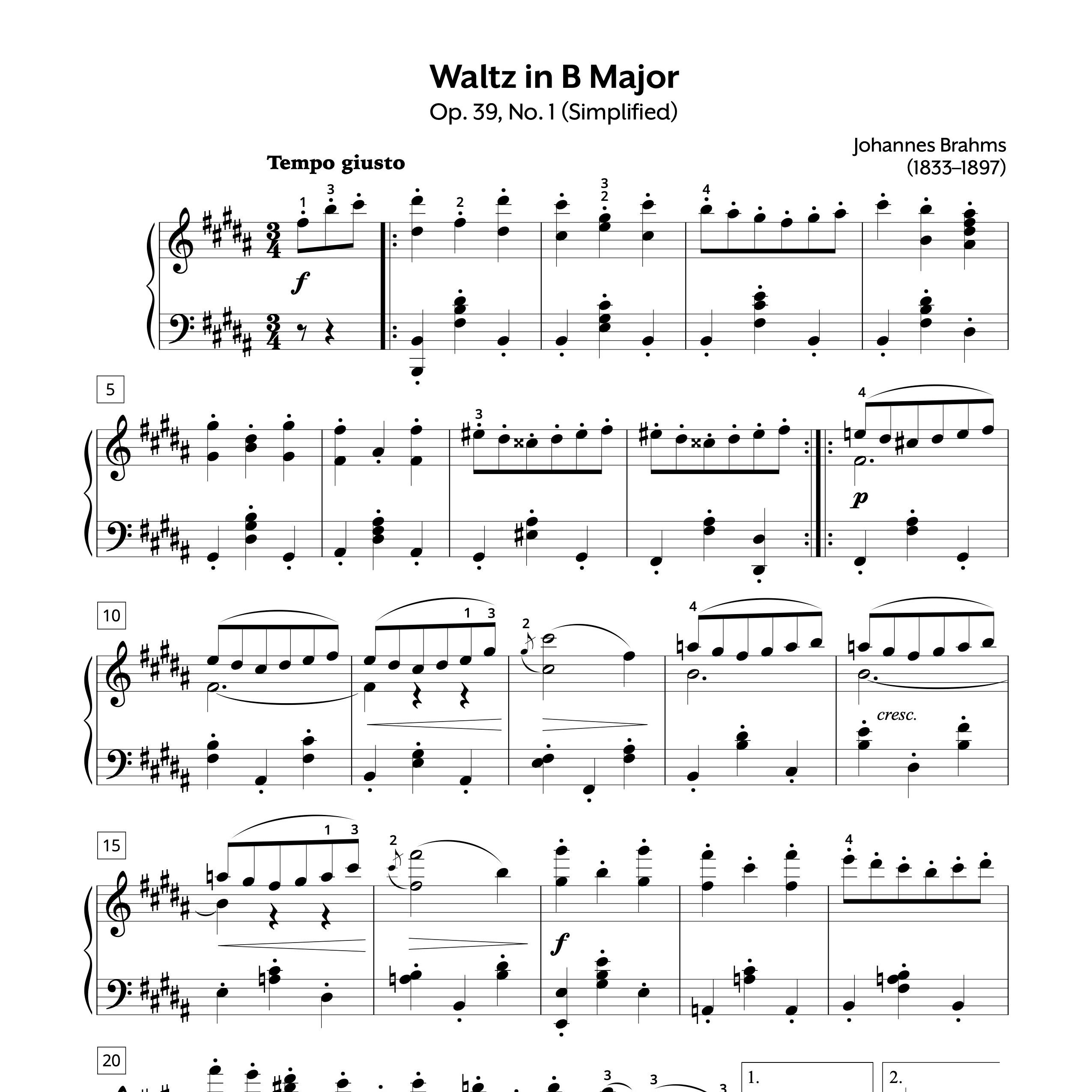 Waltz in B Major, Op. 39, No. 1 Sheet Music | Brahms
