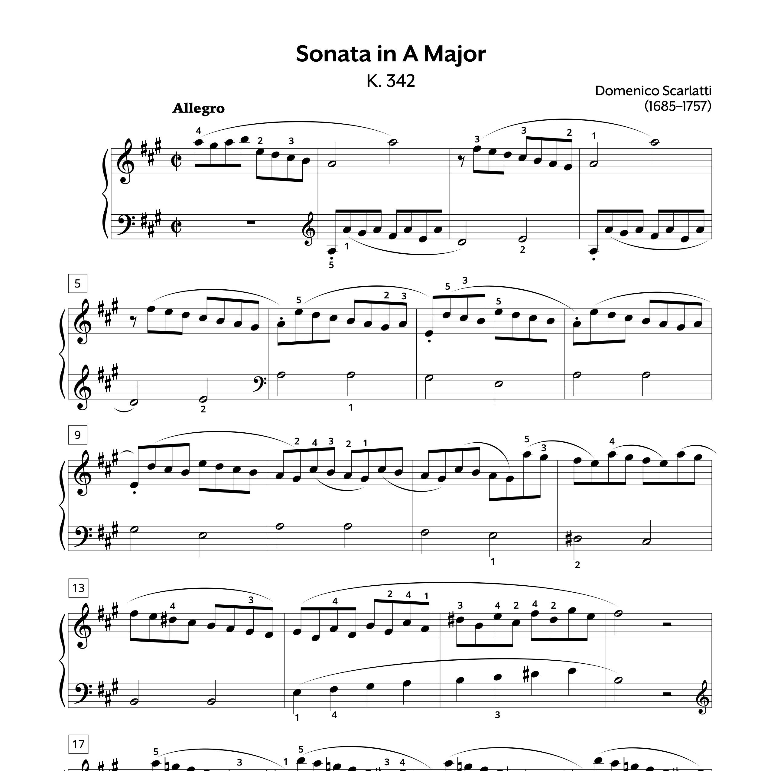 Piano Sheet Music Scarlatti Sonata in A Major K. 342