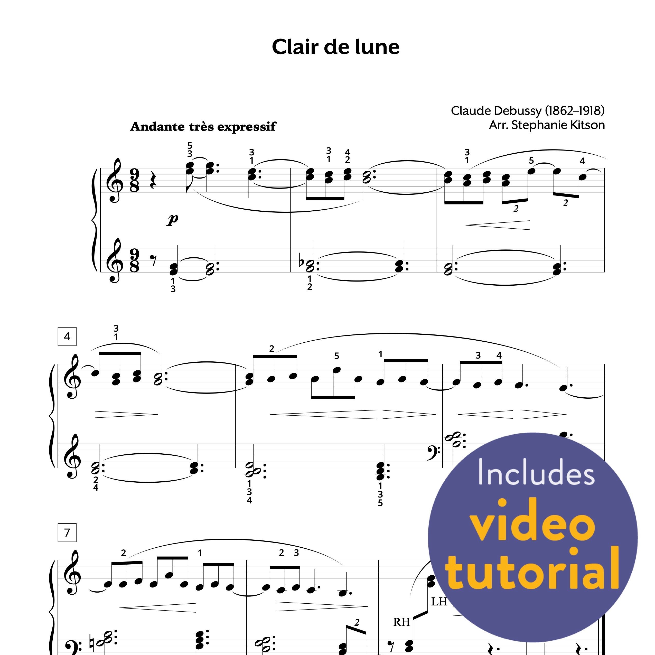 Intermediate Clair de Lune piano sheet music image representing a structured learning layout