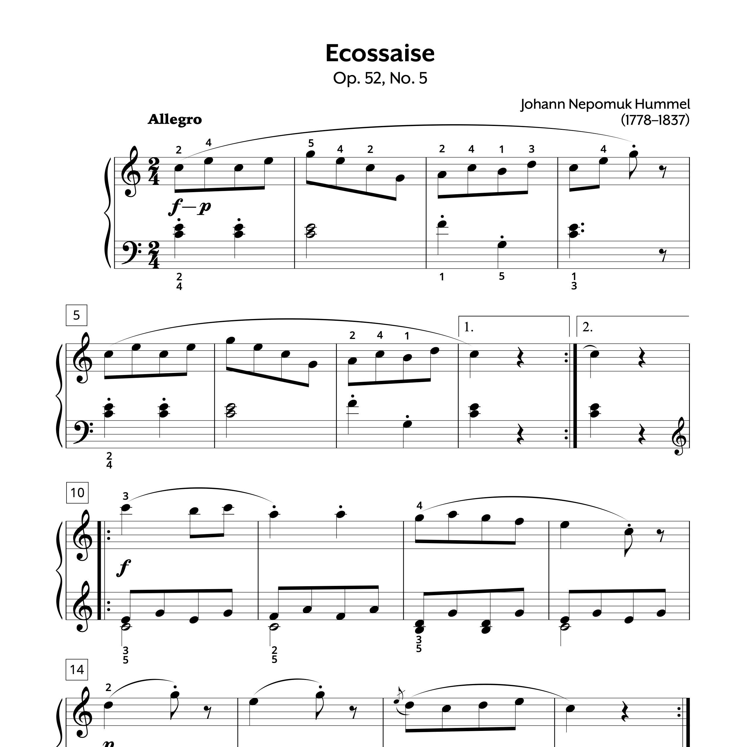 Piano Sheet Music Hummel Ecossaise Op. 52 No. 5
