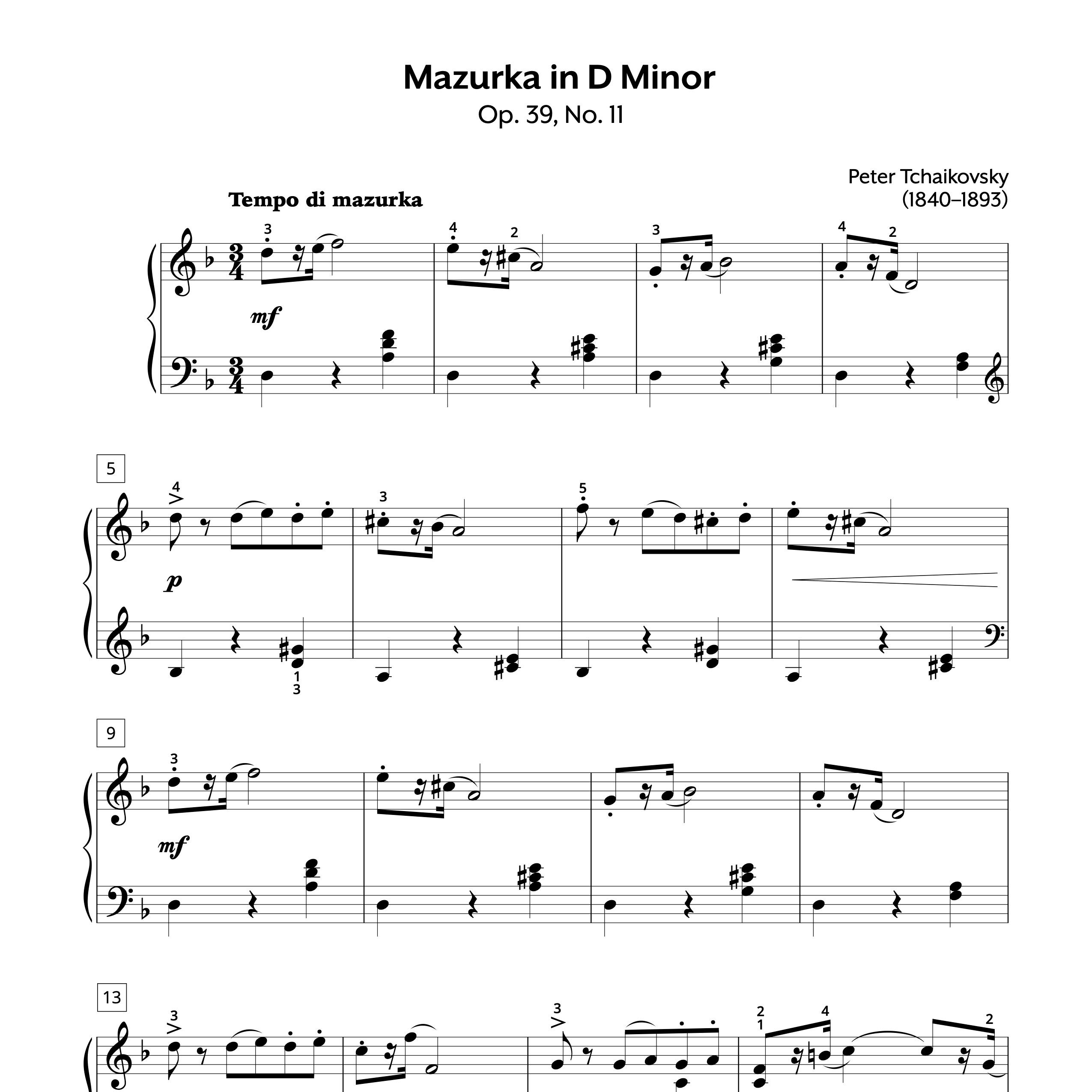 Piano Sheet Music Tchaikovsky Mazurka in D minor Op. 39 No. 11